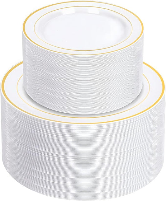 NOCCUR 200PCS Gold Plastic Plates - 100 Dinner / 100 Dessert Disposable Plates Heavy Duty - Ideal for Wedding/Party/New Year