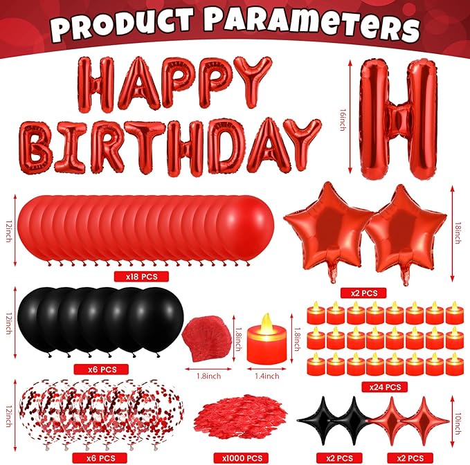 Red Happy Birthday Balloons Decorations Red and Black Birthday Balloon Letters Banner with 6 Pcs Star Balloons Red Artificial Rose Petals 24 Flameless LED Candles for Red Birthday Party Supplies