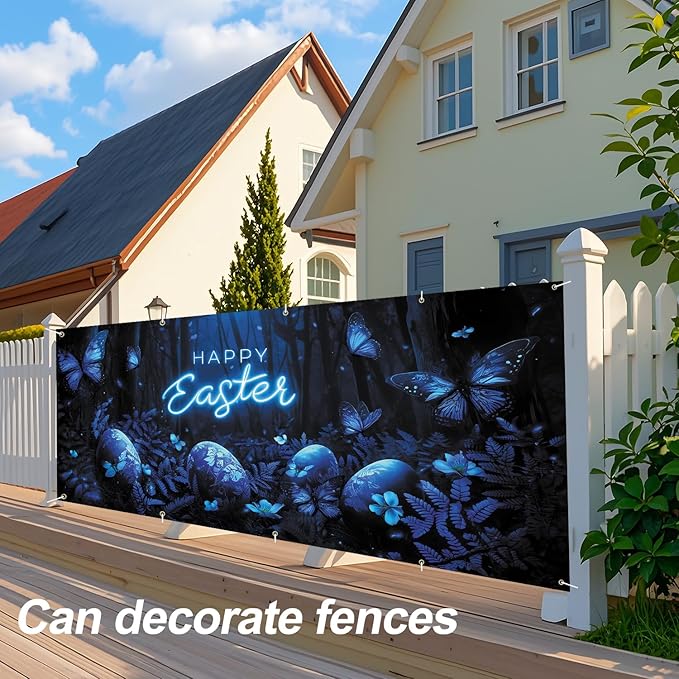Happy Easter Glowing Banner 7x16FT, Neon Happy Easter Design with Blue Butterflies and Easter Eggs, Spring Holiday Decoration for Yard and Garage