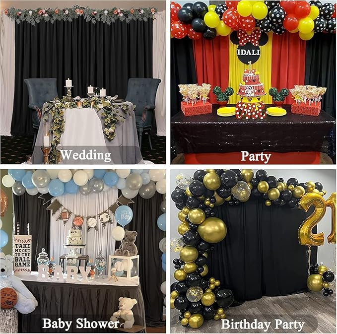 30 ft x 10 ft Wrinkle Free Black Backdrop Curtain for Parties, 6 Panels Silky Polyester Black Wedding Drapes for Backdrop 10 ft Photo Back Drop Cloth for Birthday Graduation Photography Background