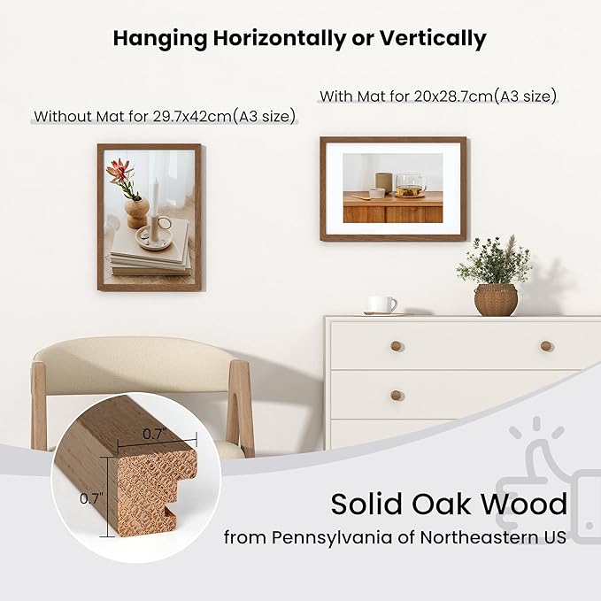 Axeman A3 Picture frame, Solid Oak Wood 11.7 x 16.5 inch Poster Frames with Mat 8.3 x 11.7 for Photo, A3 Size Frames Matted to A4 Print, 11.7x16.5 Wall Hanging Frame,Tempered Glass, Walnut