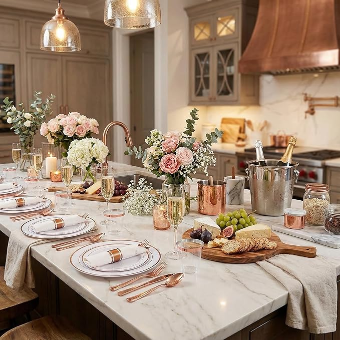 WELLIFE 350Pcs Rose Gold Plastic Plates for 50 Guests - Plastic Dinnerware Set,Party Supplies Includes 100 Rose Gold plates,150 Silverware,50 Napkins,50 Cups for Valentines and Galentines