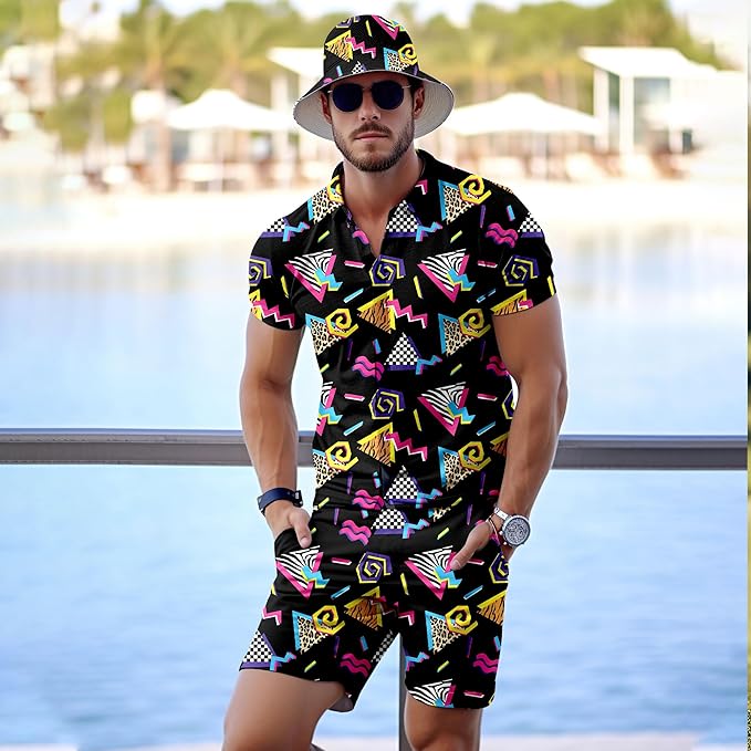 Men's 2 Piece Tracksuit 80s 90s Outfit Button Down 80s Shirts and Shorts Sets with Bucket Hats