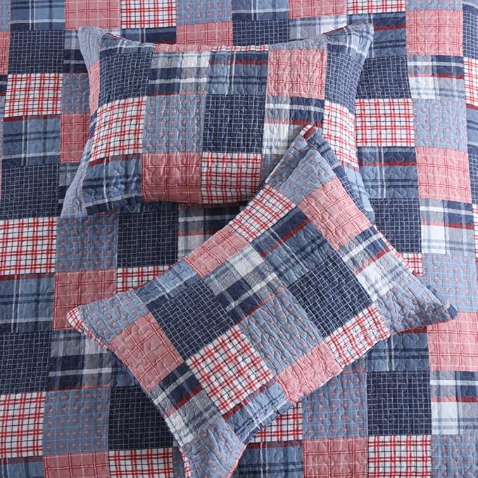 Cotton Bedding Quilt Sets Reversible All Season Real Patchwork Coverlet Sets All Season Blue Bedspread, Houndstooth Plaid Pattern, Queen Size