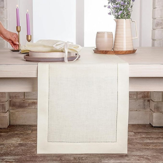 D'Moksha Homes Linen Ivory Table Runner 120 Inches Long - 100% Pure Linen Hemstitch 14 x 120 Inch Table Runner for Dining, Valentines, Spring, Easter - Classic Hemstitch