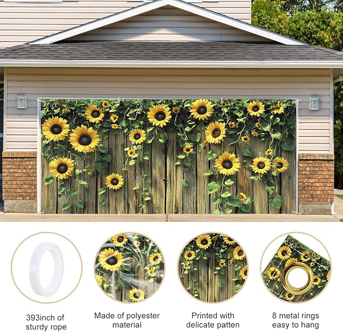 ANNA QUEEN Sunflower Fence Garage Door Banner 6 x 13FT, Vibrant Floral Sunflowers with Wooden Fence, Outdoor Garden Decoration for Spring and Summer Parties Home Decor