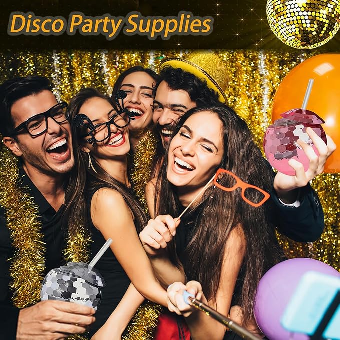 Disco Ball Cups, 20OZ Disco Party Cups with Lid and Reusable Straw Flash Ball Cocktail Cup for Party Nightclub Bar Supplies Wine Drinking Syrup Tea Bottle (12, Sliver)