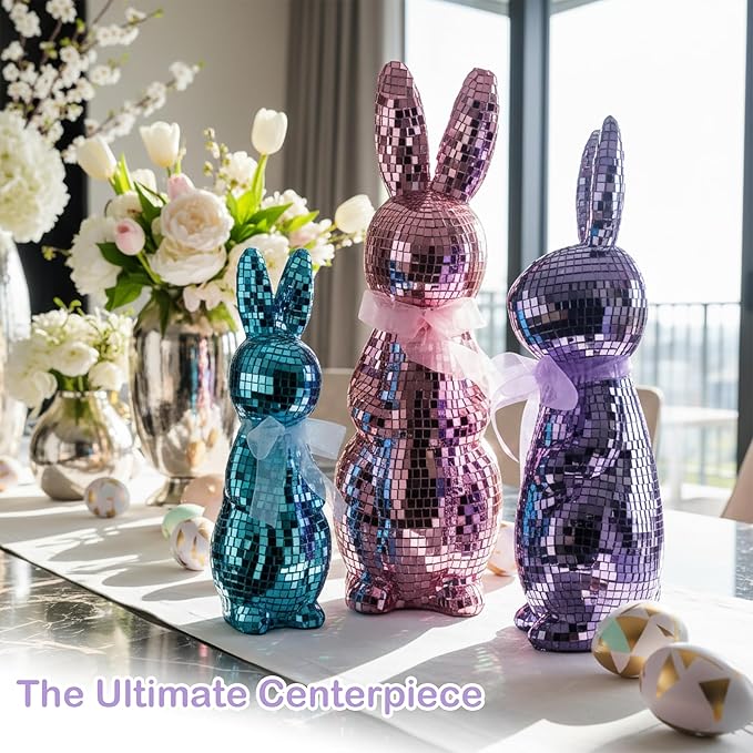 Lanpn 3PCS Mosaic Glass Bunny Easter Decorations, Decorative Disco Rabbit Sculptures for Easter Centerpieces, Spring Tabletop & Shelf Decor, Home Decoration Seasonal Gift (Pink, Purple, Blue)