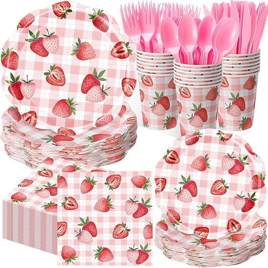 Pickmesh 400 Pcs Strawberry Birthday Party Plates and Napkin Decoration Summer Watercolor Fruit Tableware Cups Knives for Wedding Berry First Birthday Themed Baby Shower Party Supplies Serve 50