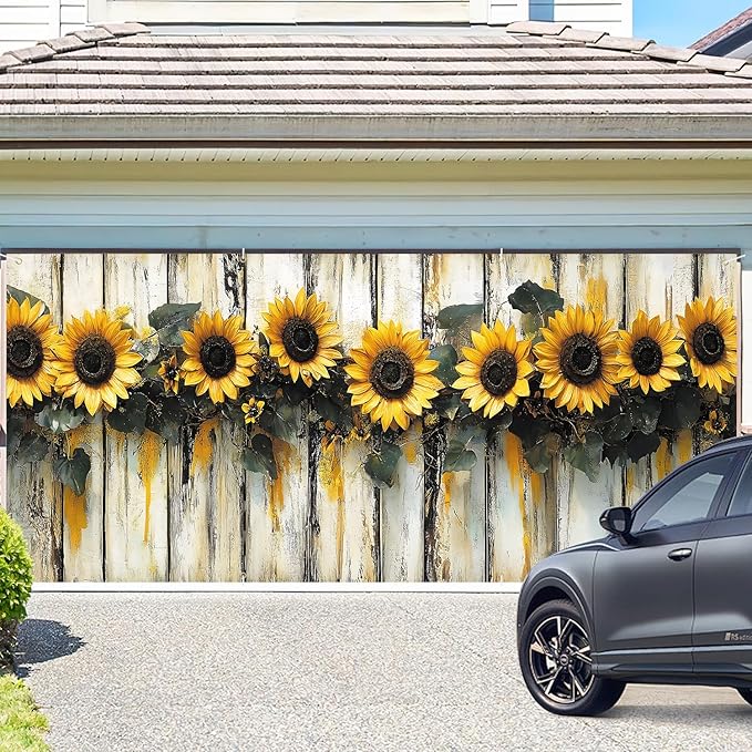 ANNA QUEEN Sunflower Garland Garage Door Banner 6 x 13FT, Rustic Sunflowers with Wooden Fence, Outdoor Spring and Summer Decoration for Garden Parties Home Decor