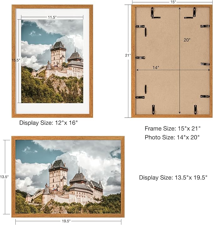 Axeman 14x20 Picture Frame - Solid Teak Wood 14 x 20 Picture Frame With Mat for 12x16, 14x20 Wood Poster Frame, Tempered Glass and Hanging Hardware Included Home Decor Hanging Frame, Natural Teak