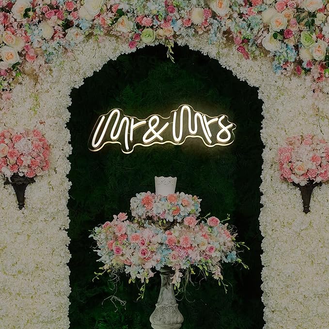 Mr & Mrs Neon Sign for Wedding Wall Decor Mr & Mrs LED Signs Neon Lights Sign for Date Wedding Party Valentine's Day Decorations Neon Lights for Reunion Gifts Photo Prop USB 21.7x10 Inch (warm white)