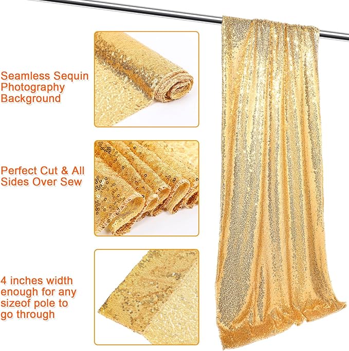 Gold Black Blue 7 Pcs Movie Night Sequin Backdrop Curtains 2ft x 8ft Photo Background Curtain Stage Door Entrance Runner Cover for New Year Movie Night Theme Party Wedding Birthday Decor