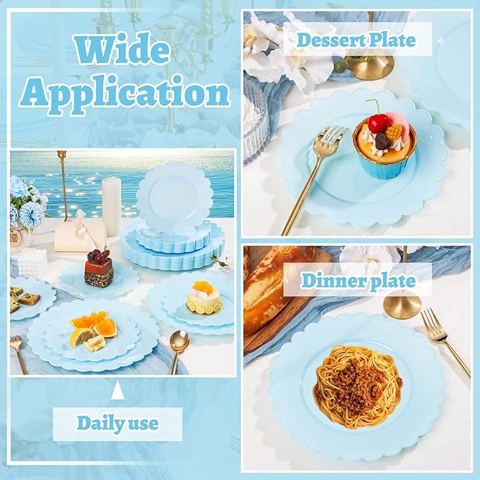 supernal 100pcs Blue Scalloped Plastic Plates-Blue Disposable Plates Heavy Duty-Disposable Plate Set for Party Wedding-Include 50 Plastic Dinner & Dessert Plate Perfect for 50 Guests
