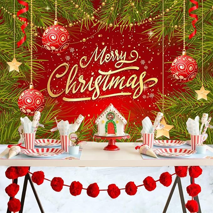 Baocicco 10x6.5ft Merry Christmas Backdrops for Photoshoot Green and Red Leaves Baubles Snowflake New Year Eve Banner Backdrop Xmas Party Decorations Winter Holiday Banner Photo Booth Studio Prop