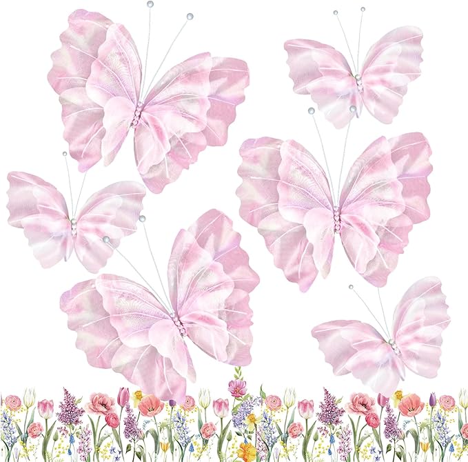 Geelin 6 Pcs Large Pink Butterfly Decorations Mariposas Grandes para Decoracion Big Butterfly Party Decor 20 Inch 12 Inch 3D Silk Butterflies for Baby Shower Women Birthday Party Wedding Decor