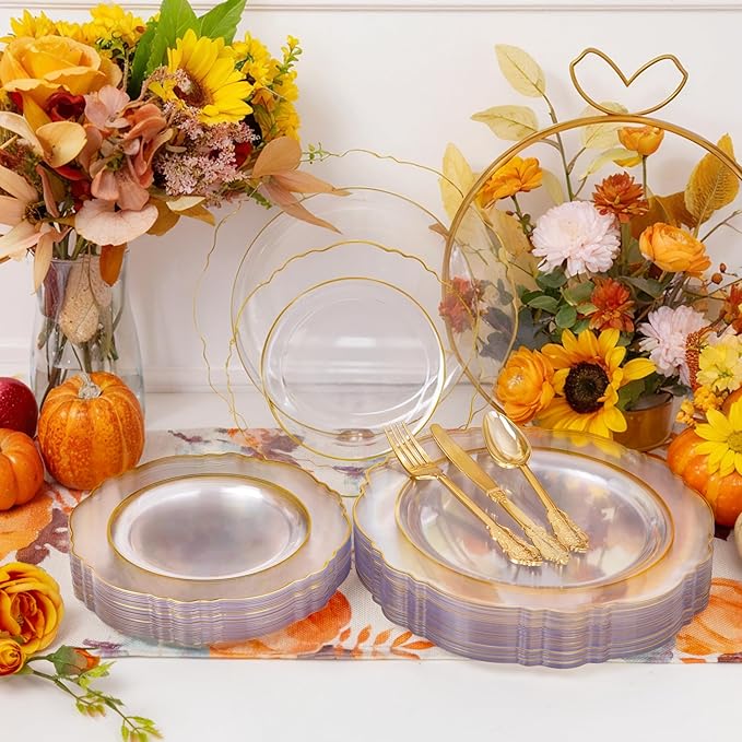 YOUBET 125PCS Gold Plastic Plates - Clear Gold Disposable Plates - 25 Guests Baroque Plastic Dinnerware Includes 25Dinner Plates, 25Dessert Plate, 75Silverware for Party & Wedding
