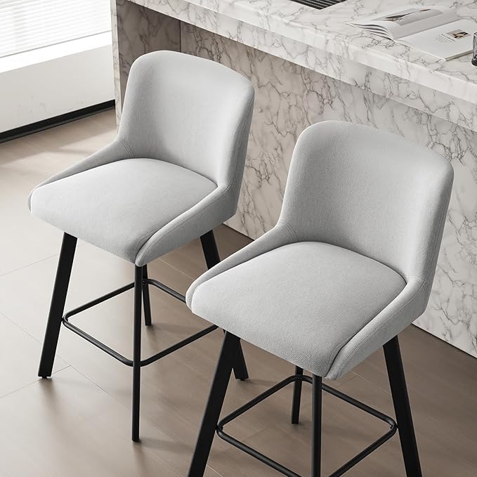 Swivel Bar Stools Set of 2, 26''H Upholstered Barstools with Backs, Modern Counter Height Bar Stool Chairs for Kitchen Island, Metal Legs, Fabric, Light Gray Counter Stools