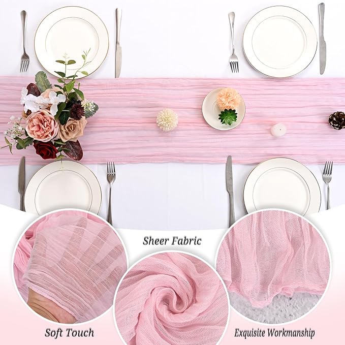 24 Pack Light Pink Cheesecloth Table Runner 120 inch Fall Thanksgiving Boho Rustic Gauze Farmhouse 10FT Cheese Cloth Runner for Baby Shower Wedding Party Holiday Home Decor
