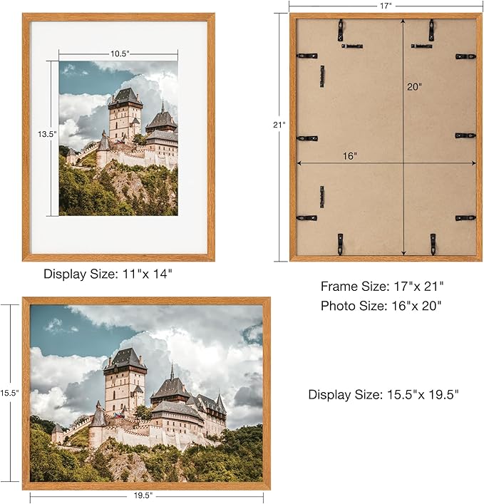 Axeman 16x20 Picture Frame with Mat for 11x14 - Solid Teak Wood Poster Frame with Tempered Glass for Home Decor, Wooden 16x20inch Photo Frame for Art Photo and Prints, Hook Included, Natural Teak