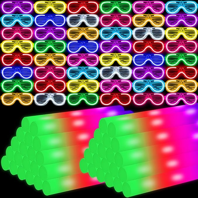 Glow in the Dark Party Supplies Set Bulk Neon Party Favor Toys Includes 30 Led Light up Glasses 10 Color 30 Light up Foam Sticks Bulk for Disco Wedding Birthday Concert Halloween Raves Party