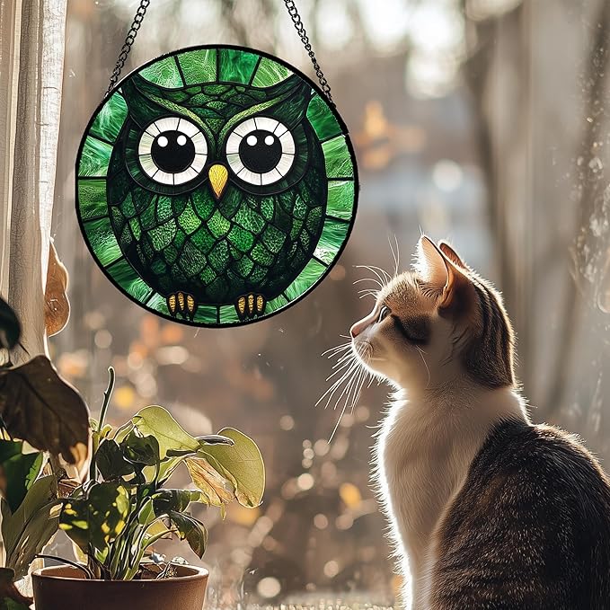 Stained Glass Window Hanging - Green Owl Suncatcher for Doors Garden Patio Funny Bird Sun Catchers Decor Christmas Mother's Day Birthday Teenager Gifts for Women Men Mom Nana Friend 9.8 in