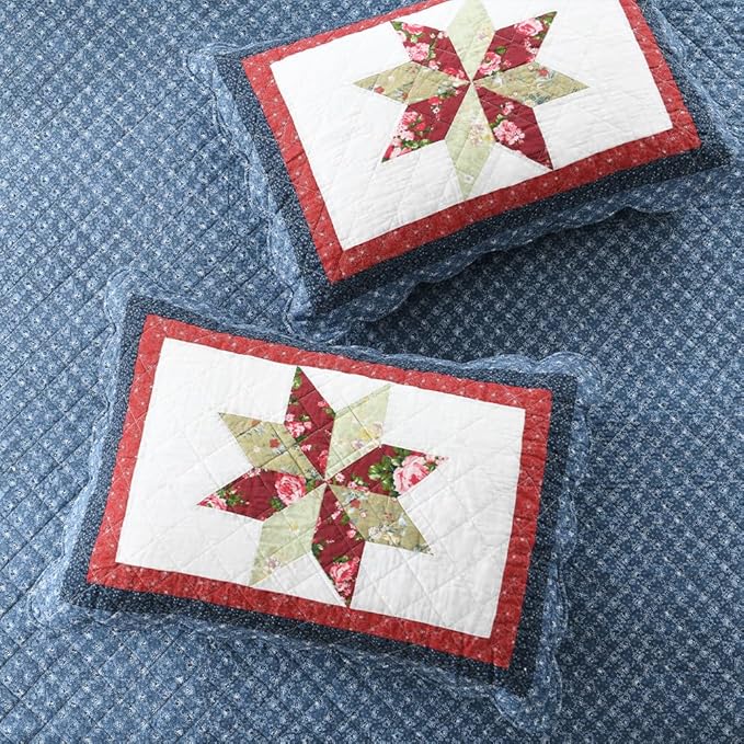 Cotton Bedspread Quilt Bedding Sets 3 Pieces Reversible Coverlets Real Patchwork Star Red Blue Bedspread, Queen Size