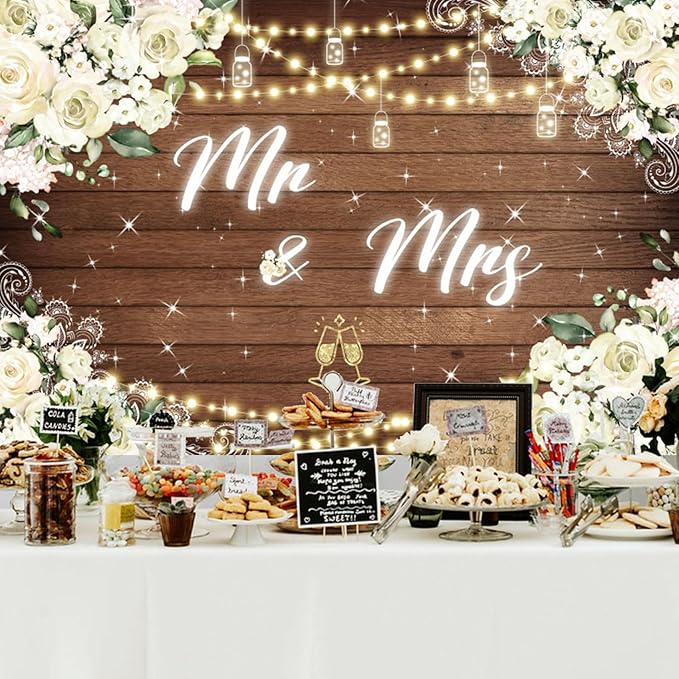 10x8ft Mr and Mrs Floral Backdrop for Bridal Shower White Flowers Photography Background Couple Wedding Party Decorations Bride Engagement Banner Props