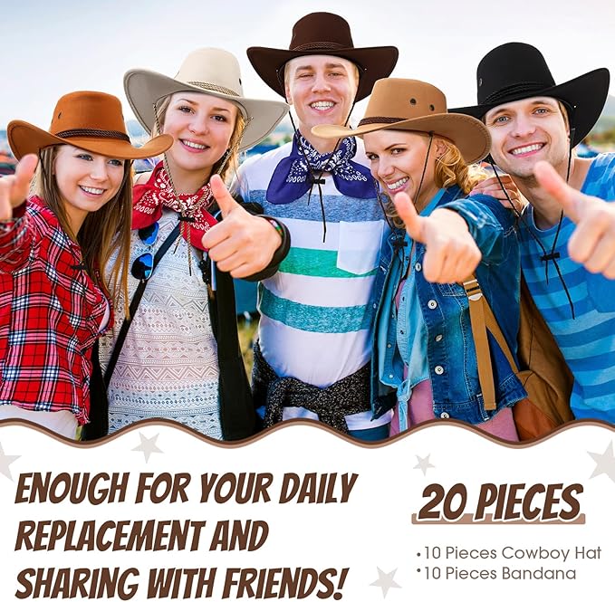 Coume 10 Set Cowboy Hat and Bandana for Women Men 10 Felt Cowgirl Cowboy Hat Bulk 10 Western Bandanas for Adult Costume Party