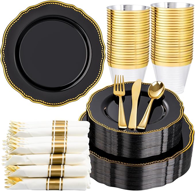 Hioasis 175pcs Black and gold Plastic Plates - Gold Plastic Dinnerware Set Includes 25 Dinner Plates, 25 Dessert Dinnerware, 25 Cups, 25 Napkins Perfect for Wedding & Party