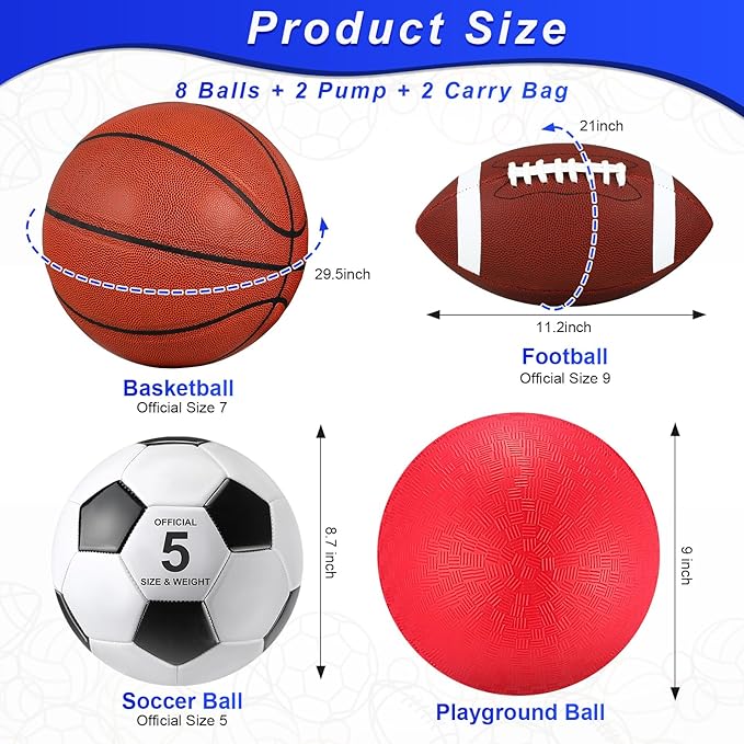 Deekin 8 Pcs Assorted Sport Balls Set Official Size Basketball Football Soccer Playground Balls with Pump and Bag Multi Athletic Ball for Youth Adult Outdoor Indoor Holiday Sports Gifts
