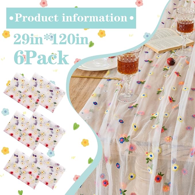 6PCS Lvory Floral Table Runner 10 FT, Embroidery Daisy Table Runners Seasonal Spring Summer Sheer Tulle Dining Table Decor for Home Party Birthday Decor 29x120 Inch ﻿