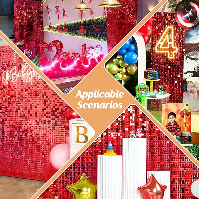 Red Shimmer Wall Backdrop,Shiny Sequins,24 Pcs Sequins Backdrop Decoration Panels, Glitter Bling Photo Background Decorations for Birthday Party Wedding Anniversary Graduation