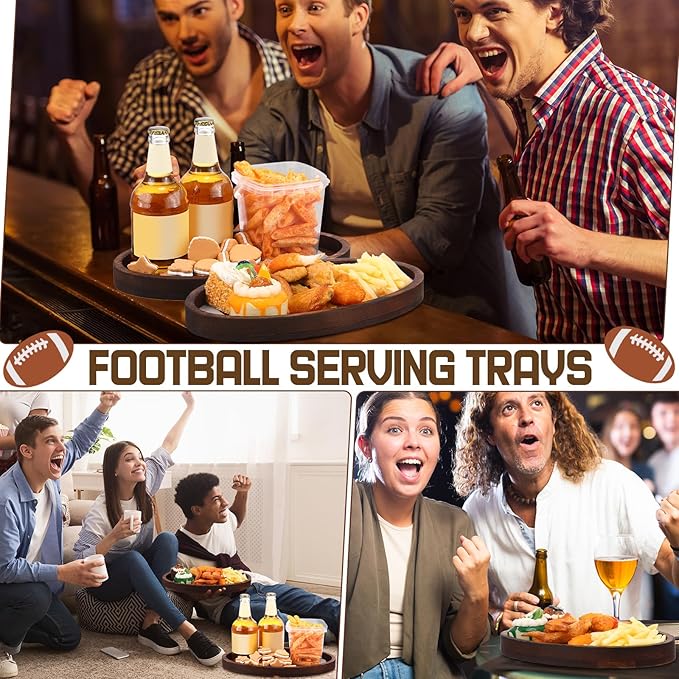 Hushee 3 Pcs Football Serving Trays and Platters 13 Inch Wooden Shaped Football Serving Dishes Tailgate Party Platter Snack for Game Party Decoration(Elegant Style)