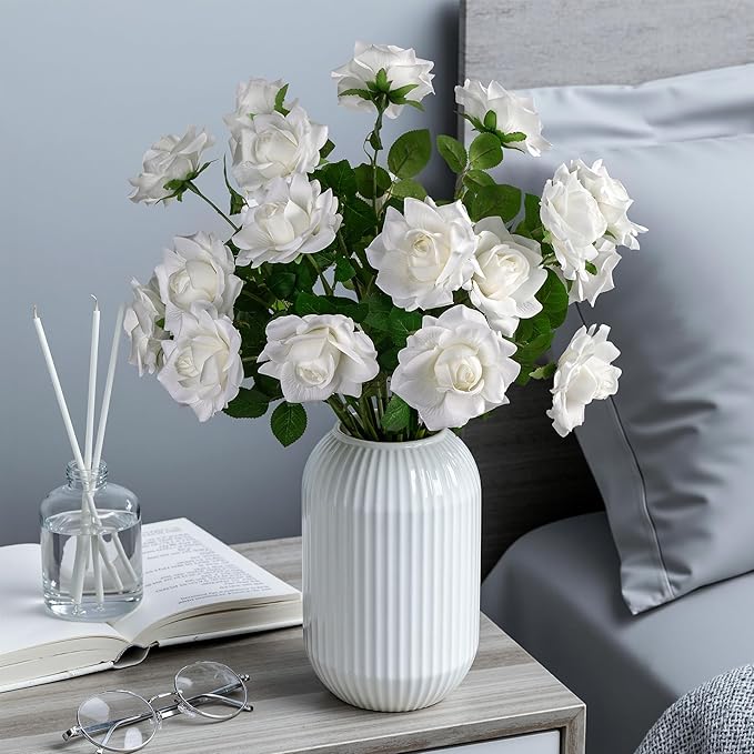 Artificial Flowers Artificial Roses Fake Roses 23.2In Long Stem Artificial Flowers for Tall Vase Silk Rose 20PCS Suitable for Wedding Party Decor Valentine's Day DIY Bouquet Spring,White