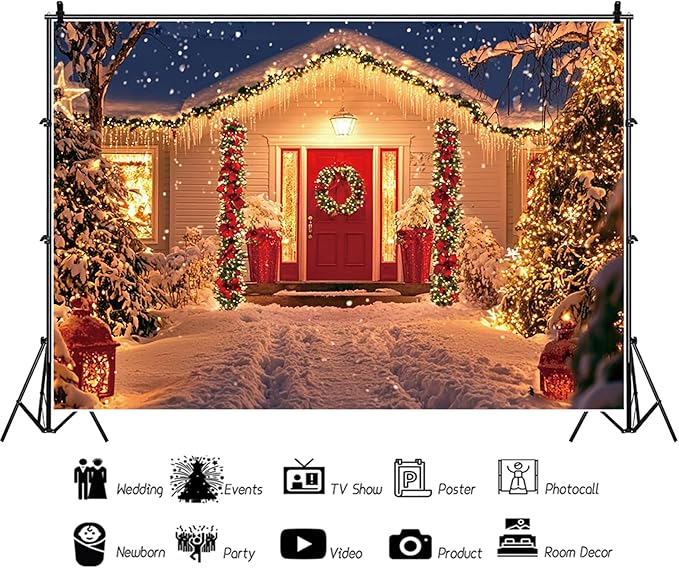 Baocicco 10x6.5ft Snow Christma Backdrops for Photoshoot Snowy Winter Night House Christma Trees Flowers Wreath Photography Background Family Party Banner Supplies Decorations Kids Adults Portraits
