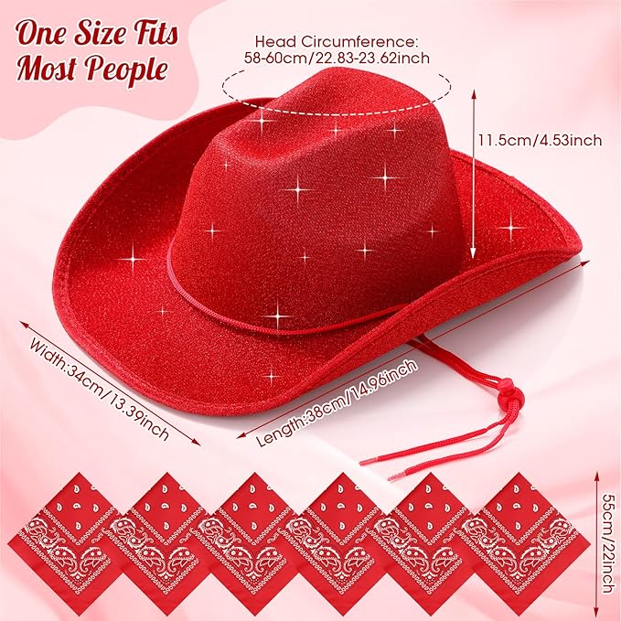 Coume 12 Pcs Sparkly Adults Cowboy Hat and Bandanas Women Men Western Glitter Cowgirl Party Hats with Adjustable Drawstring