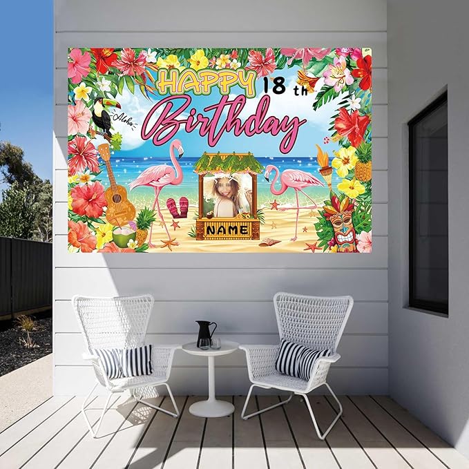 Custom Happy Birthday Banner Flamingo Themed Party Decoration Backdrop Party Supplies Tropical Floral Photo Booth Hawaiian Themed Party Decoration for Luau Beach (5x7.5ft)