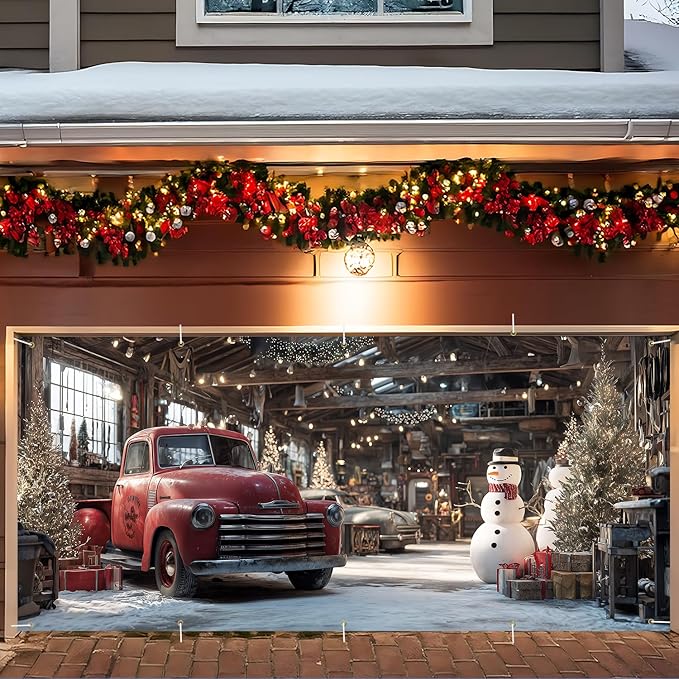 Christmas Garage Door Banner 7x16FT, Vintage Red Truck and Snowman Garage Cover, Outdoor Xmas Decorations for Garage Doors Driveways Holiday Parties