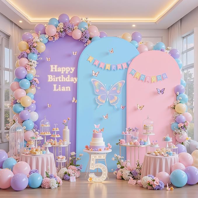 Rainbow Arch Backdrop Cover 7.2FT 6.6FT 6FT Stretchy Wedding Arch Covers Set of 3 Spandex Fitted Pink Blue Lavender Fabric Backdrop Cover for Party Baby Shower Birthday Decoration