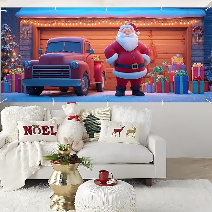 Santa and Truck Christmas Garage Door Banner 7x16FT, Holiday Scene with Santa, Gifts, and Vintage Truck, Large Outdoor Xmas Decoration for Garage Doors