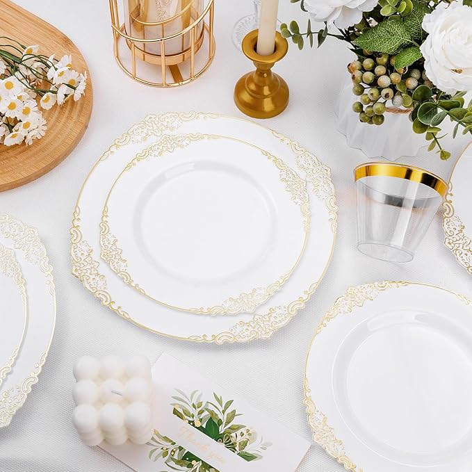200 PCS White and Gold Plastic Plates for 100 Guests, Gold Disposable Plates Include 100 PCS Dinner Plates, 100 PCS Dessert Plates for Party, Wedding and Graduation
