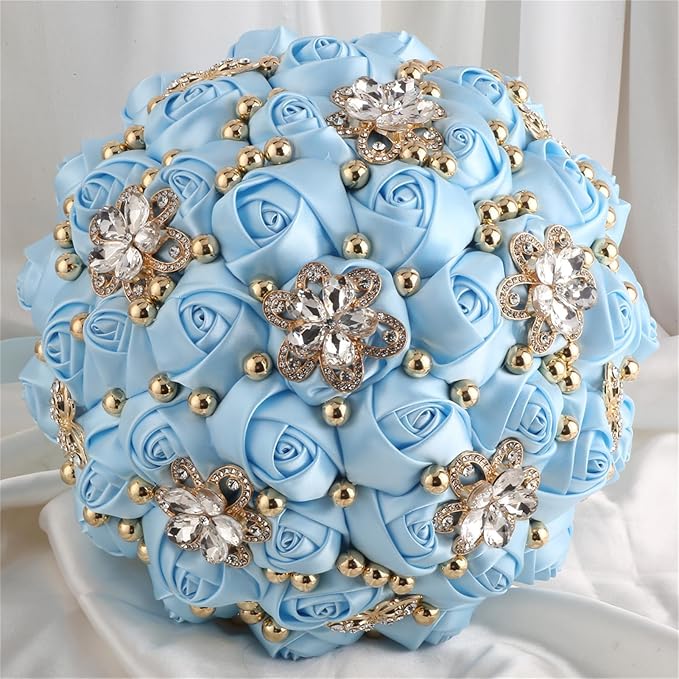 Bridal Wedding Bouquet for Bride Bridesmaid Wedding Quinceanera Throw Toss Artificial Rose Flower Bunch with Bling Brooch (66#Light Blue, Mini (Dia. 6.3"/16cm))