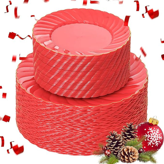 U-QE 100PCS Red Plastic Plates - Heavy Duty Red Plates Disposable for Party with Gold Rim - Include 50PCS 9inch Dinner Plates and 50PCS 6inch Dessert/Salad Plates for Party