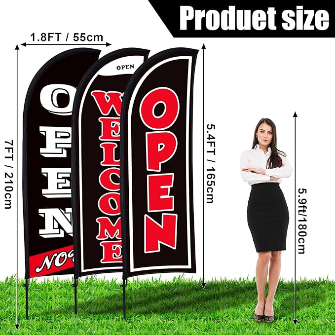 Buryeah 3 Sets Now Open Feather Flag Banner for Business Advertising 7 Feet Tall Grand Opening Feather Flag Sign with Fiberglass Pole Kit Rotating Ground Spike and Portable Bag (Black)