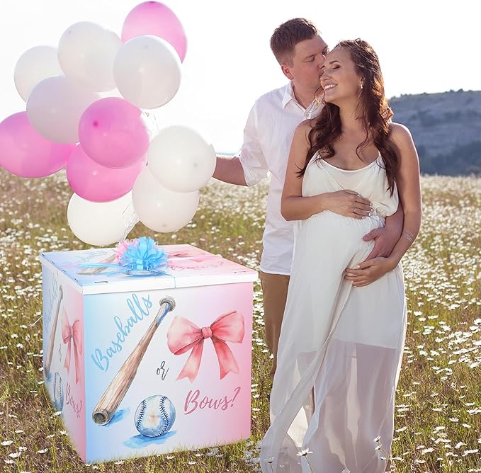 AmazingSpark 28in Jumbo Gender Reveal Gift Box Kit with Oversized Box Giant Pull Bows for Gender Reveal Baby Shower Birthday Party Decor (Baseballs or Bows)