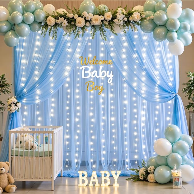 Baby Blue Backdrop Curtains with Lights String for Baby Shower Parties 2 Panels 5×10ft Sheer Tulle Backdrop Curtain Panels for Birthday Party Bridal Shower Photo Shoot Background Wall Decorations