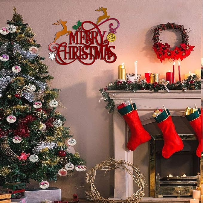 Metal Merry Christmas Wall Decor Christmas Sign Letter Decorative Hanging Plaque Suitable For Indoor Outdoor Room Yard Holiday Decoration