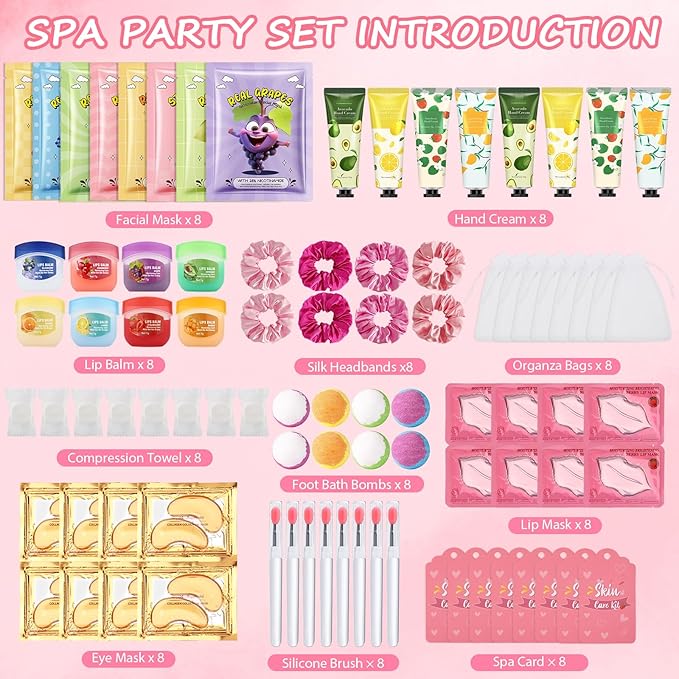 88PCS SPA Party Supplies for Girls, Under Eye Patches, Facial Masks, Lip Mask & Balm, Hand Cream, Foot Bath Bombs, Compressed Towel, Hair Band, Bulk Birthday & Sleepover Party Kit