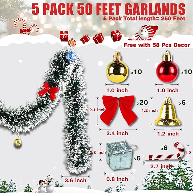 5 Pack 250Ft Greenery Garland with Snow, Dark Green Snowflake Dots, Artificial Christmas Pine Streamers for Indoor/Outdoor Decorations